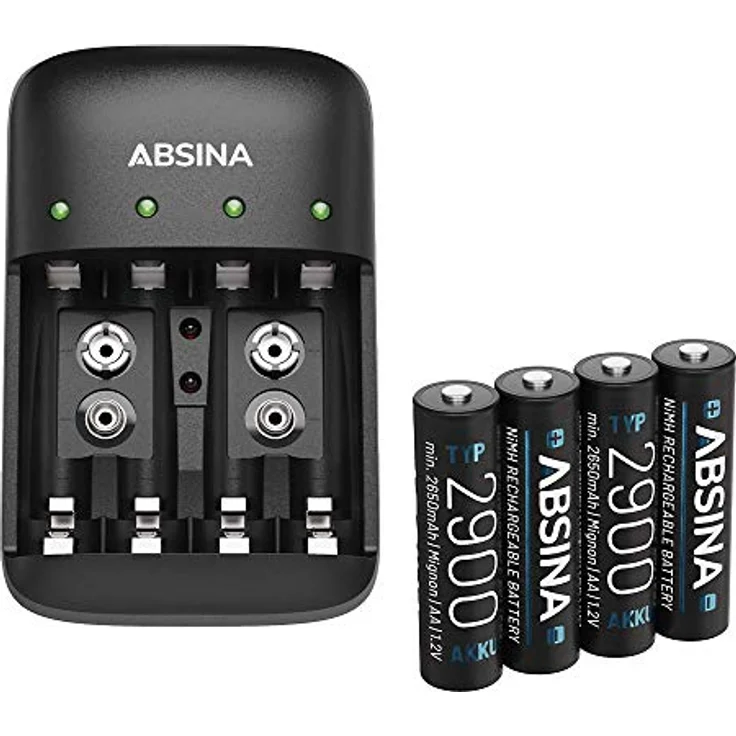 ABSINA X4 Akku Ladegerät für AA, AAA & 9V, mit Einzelschachtüberwachung, inklusive 4x AA 2900 mAh Akkus – Bild 1