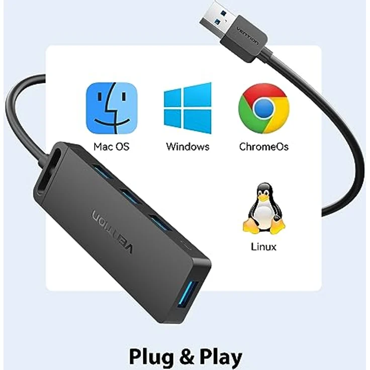 VENTION USB Hub 4-Port 3.0 USB Verteiler Ultra Dünn PVC Gehäuse, PC USB Erweiterung Splitter Unterstützung Beim Aufladen für Laptop, Xbox, Mac Mini/Pro, PS5/PS4 - Schwarz – Bild 5