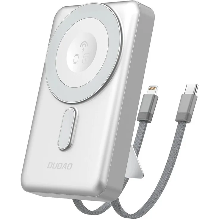 Dudao K29 10000 mAh PD 20 W MagSafe Powerbank, Metallgehäuse mit integriertem USB-C/iPhone Kabel, Silber