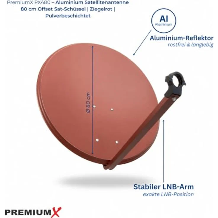 Premium X PXA80 Satellitenschüssel 80cm Aluminium Ziegelrot, Offset-Antenne für digitalen Sat-Empfang, kompatibel mit UHD/HDTV – Bild 2
