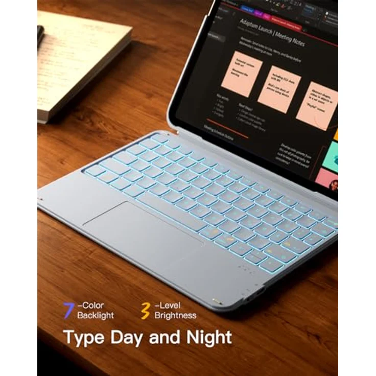 Inateck Hülle mit Tastatur für iPad 11 Zoll (A16, M3), Abnehmbar, 7-farbige Beleuchtung, QWERTZ, mit Touchpad, Blau – Bild 4