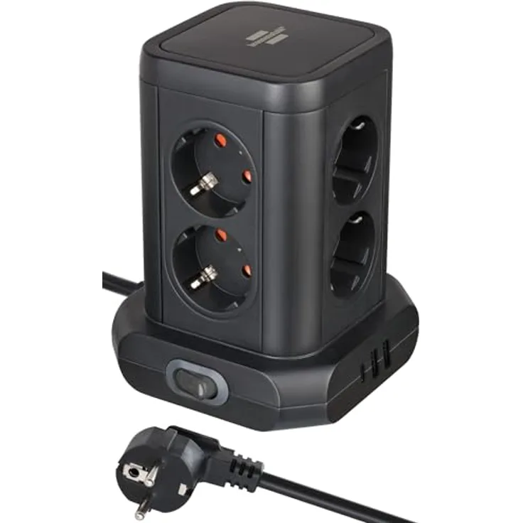 Brennenstuhl Steckdosenturm 8-Fach mit 2x USB A & 1x USB C Power Delivery, 45°-Anordnung, 2m Kabel, schwarz