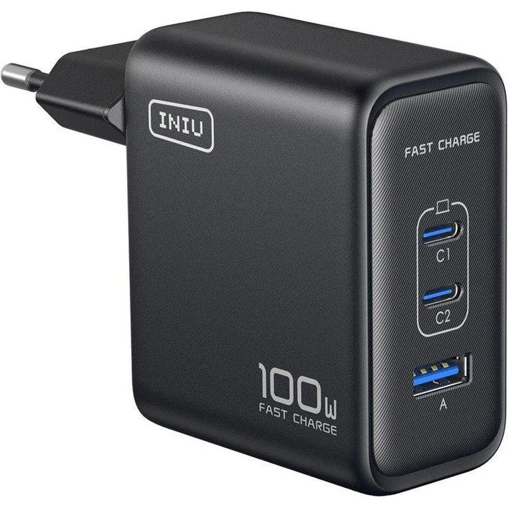 INIU 100W GaN Ladegerät, 2x USB-C und USB-A, Klappstecker, Schwarz