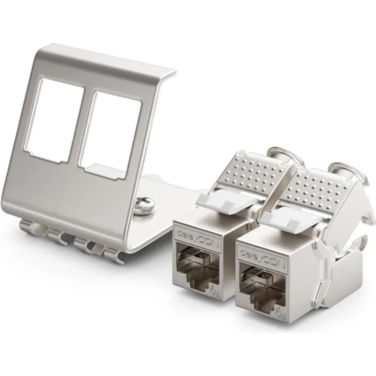 deleyCON 2x CAT6a Keystone Jack Modul Set, 10 Gbit/s mit 2-Port Hutschienenadapter, Metall STP geschirmt, silber