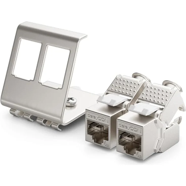 deleyCON 2x CAT6a Keystone Jack Modul Set, 10 Gbit/s mit 2-Port Hutschienenadapter, Metall STP geschirmt, silber – Bild 1