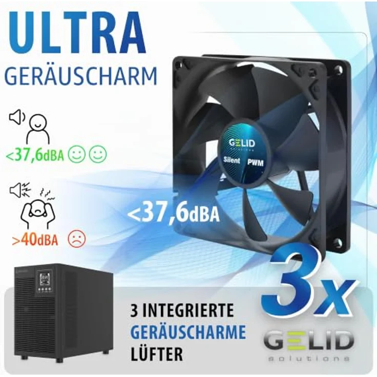 Atlantis A03-OP3002XLN, USV mit 3000 VA, 2100 W, Online-Doppelwandler, reine Sinuswelle, Tower-Ausführung, 4 IEC-Steckdosen, USB, RS232, 12 V – 9 Ah, extrem leise mit 31,3 dBA – Bild 3