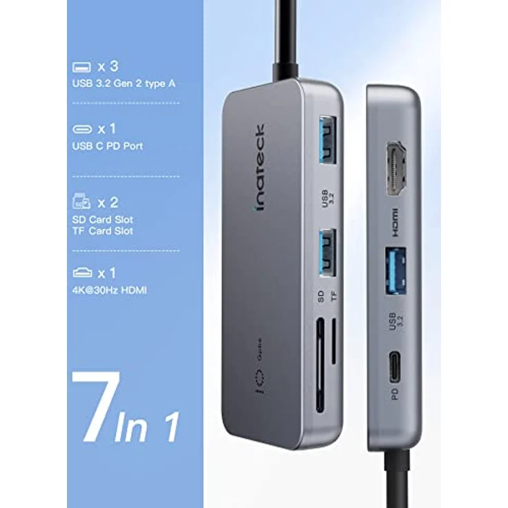 Inateck 7 in 1 USB C Hub mit 4K HDMI, PD 100W, 3 USB A 3.2 10Gbps, SD/TF Kartenleser, 50cm Kable, kompatibel mit Windows 7/8/10/11, Mac OS，Linux – Bild 2