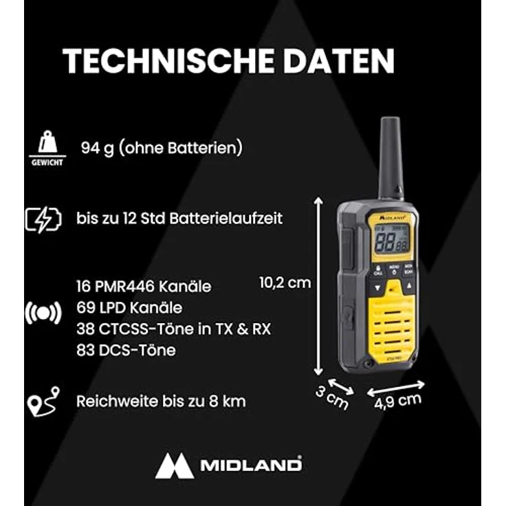 Midland XT50 Pro Walkie-Talkie mit 16 Kanälen, Reichweite bis zu 8 km, IPX2 wasserfest, Gelb – Bild 6