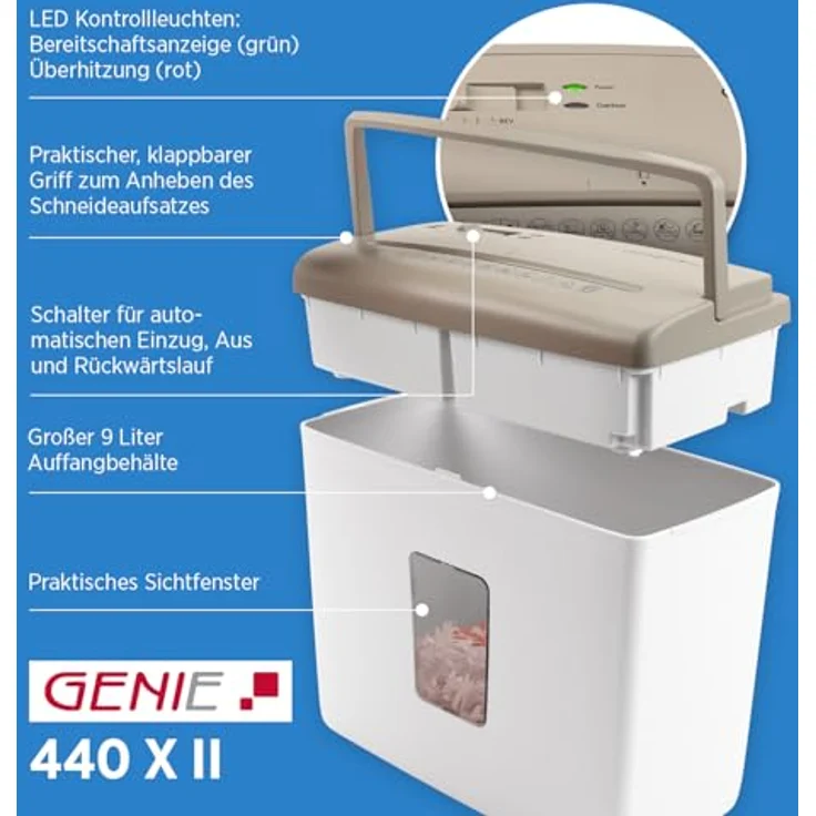 GENIE 440 X II Aktenvernichter, Cross-Cut Papierschredder P-4, 9-Liter-Behälter, Braun-Weiß, Überhitzungsschutz, Rücklauffunktion – Bild 7