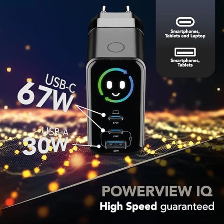 Cellularline PowerView IQ Kit ACH 67W, Netzladegerät-Kit mit smartem TFT-Display, klappbarem Stecker, GaN+ Technologie, inkl. 150 cm USB-C Kabel, Schwarz – Bild 2