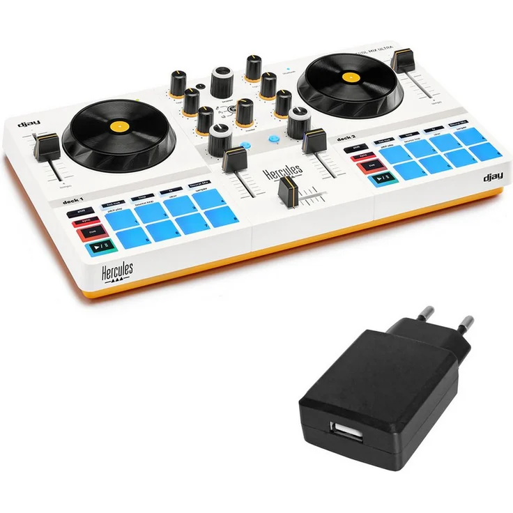 HERCULES DJControl Mix Ultra, mobiler DJ-Controller mit integriertem Akku, Bluetooth LE, 2 Track Decks und Schutzhülle