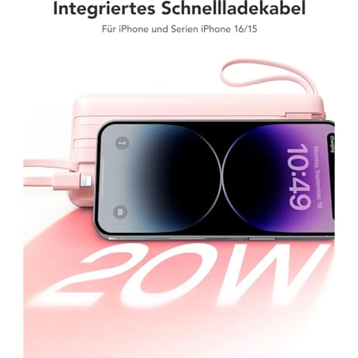 VRURC Powerbank 20000mAh, 22.5W Schnellladung, tragbares Ladegerät mit 4 Kabeln und LED Display, rosa – Bild 4
