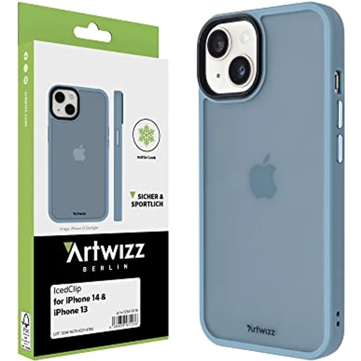 Artwizz IcedClip Hülle kompatibel mit iPhone 14 - Mattes Vereistes Design, Rückseite mit Soft-Touch-Beschichtung, Stoßfeste Schutzhülle, Nordic-Blue
