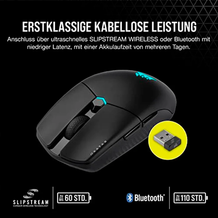 Corsair KATAR Elite Wireless Gaming-Maus - Ultraleicht, Optischer Marksman-Sensor 26.000 DPI, Unter 1ms Slipstream Wireless Drahtlosverbindung, Akkulaufzeit bis zu 110 Stunden - Schwarz – Bild 5