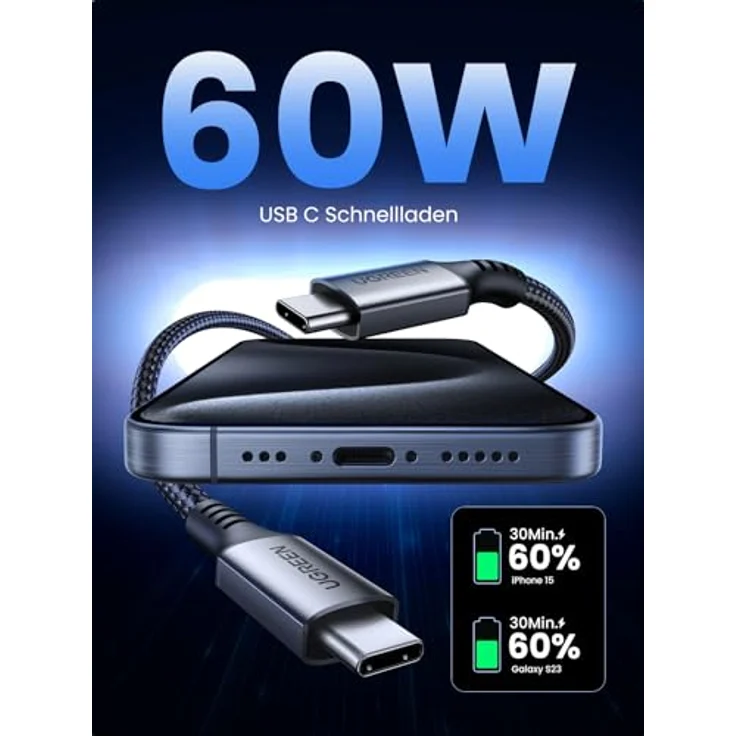 UGREEN USB C Kabel PD 3.0, 60W Schnellladekabel USB C auf USB C, kompatibel mit iPhone 16/15, Galaxy S24/S23/S22, 2024 iPad Pro/Air, 1M Nylonummantelung, 480 Mbps Datenübertragung – Bild 2