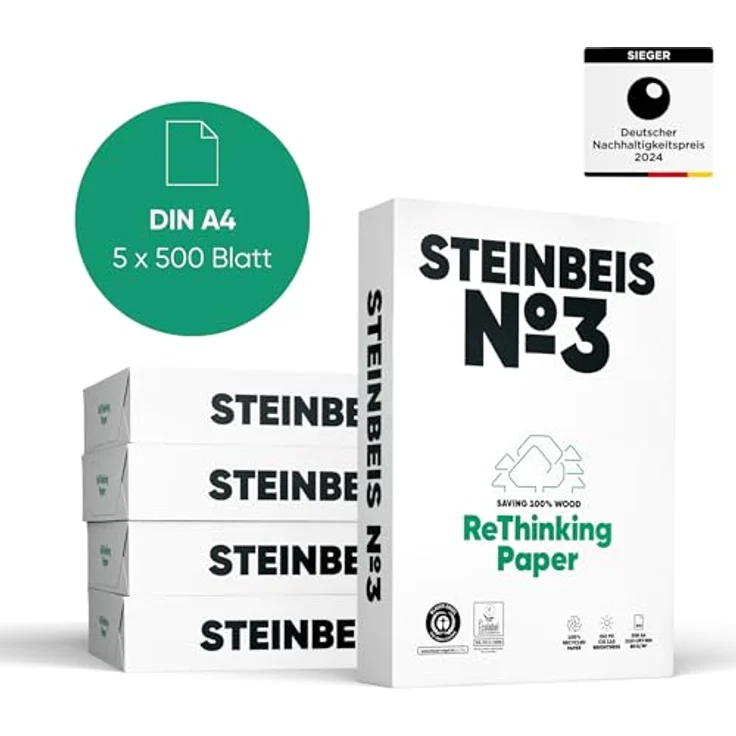 Steinbeis No. 3 Druckerpapier – DIN A4 Recycling-Papier 80 g/m², Weiß & Chlorfrei, 2500 Blatt hochwertiges Kopierpapier ISO 90 / CIE 110 – Bild 2