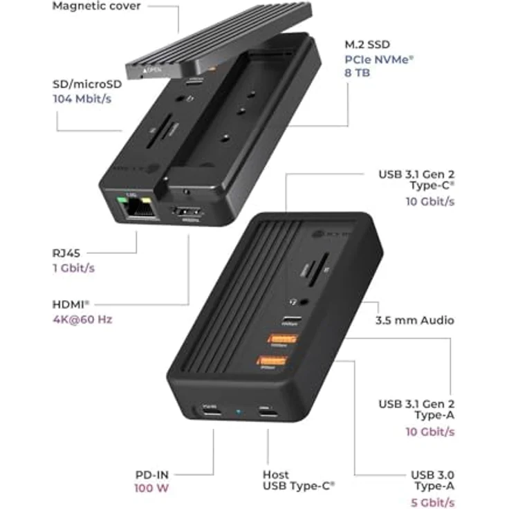 ICY BOX IB-DK4072M-CU31, 10-in-1 USB-C DockingStation mit M.2 NVMe SSD Schacht, HDMI 4K@60Hz, 100W Power Delivery, Aluminiumgehäuse, Gigabit LAN, Kartenleser, Audio – Bild 5