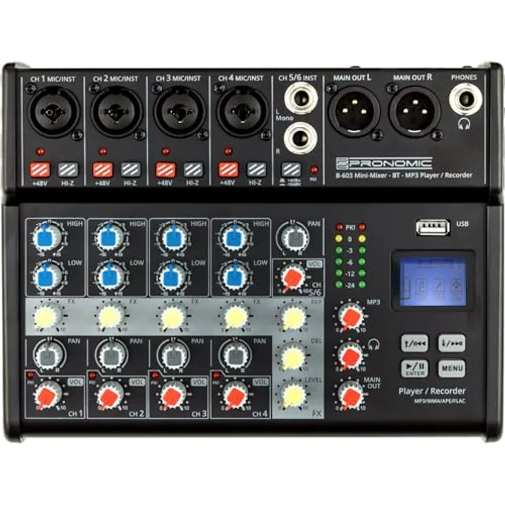 Pronomic B-603 Mini-Mixer mit Bluetooth und USB-Recording - Kompakter 6-Kanal Mixer - Phantomspeisung und Hi-Z Schalter - Schwarz