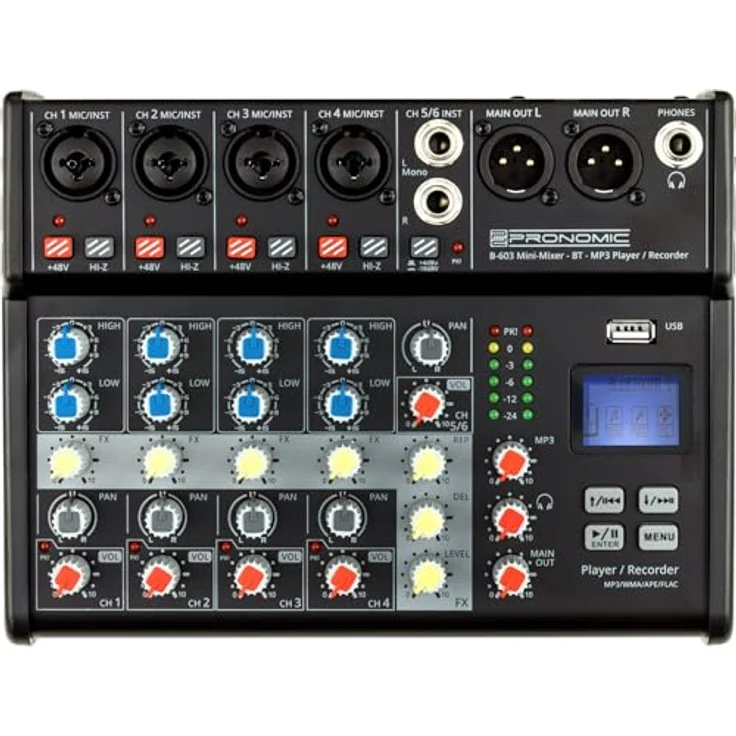 Pronomic B-603 Mini-Mixer mit Bluetooth und USB-Recording - Kompakter 6-Kanal Mixer - Phantomspeisung und Hi-Z Schalter - Schwarz – Bild 1