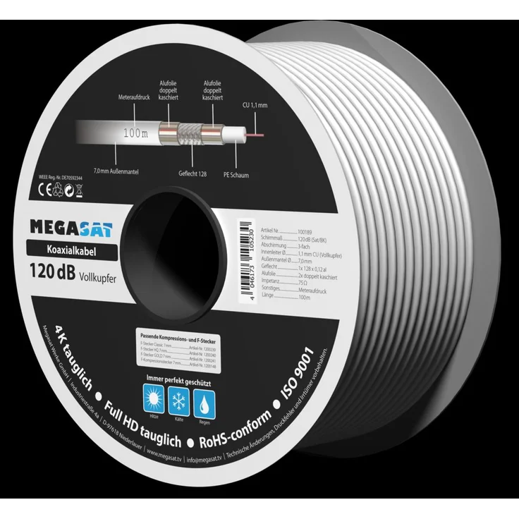 Megasat Koax 120dB Antennenkabel, Vollkupfer 100m, 3-fach abgeschirmt, TÜV geprüft, ISO 9001, RoHS-konform