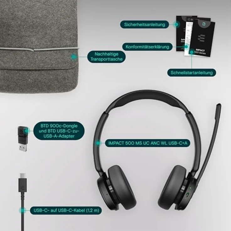 EPOS Impact 500 ANC, Kabelloses Headset mit aktiver Geräuschunterdrückung, Teams Zertifiziert, USB-C & USB-A, 35 Stunden Akkulaufzeit – Bild 5
