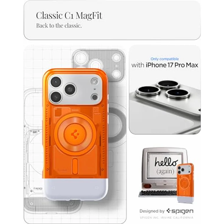Spigen Classic C1 MagFit Case für iPhone 17 Pro Max, Retro-Futuristisches Design, 6-Schicht-Schutz, kompatibel mit MagSafe, Farbe: Tangerine – Bild 2