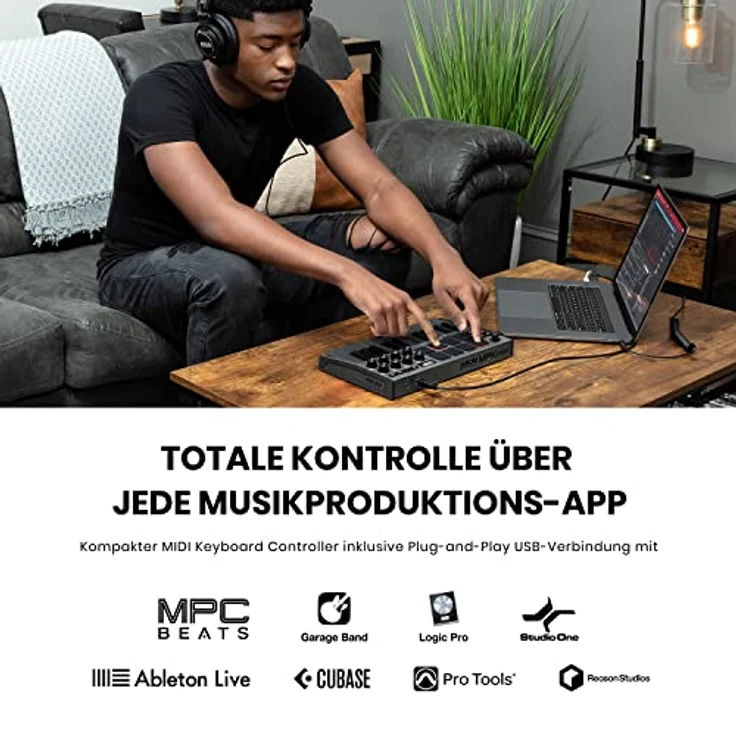 AKAI Pro Professional MPK Mini MK3 – 25-Tasten USB MIDI Keyboard Controller, 8 hintergrundbeleuchtete Drum Pads, 8 Regler und Software, Farbe Grau – Bild 2
