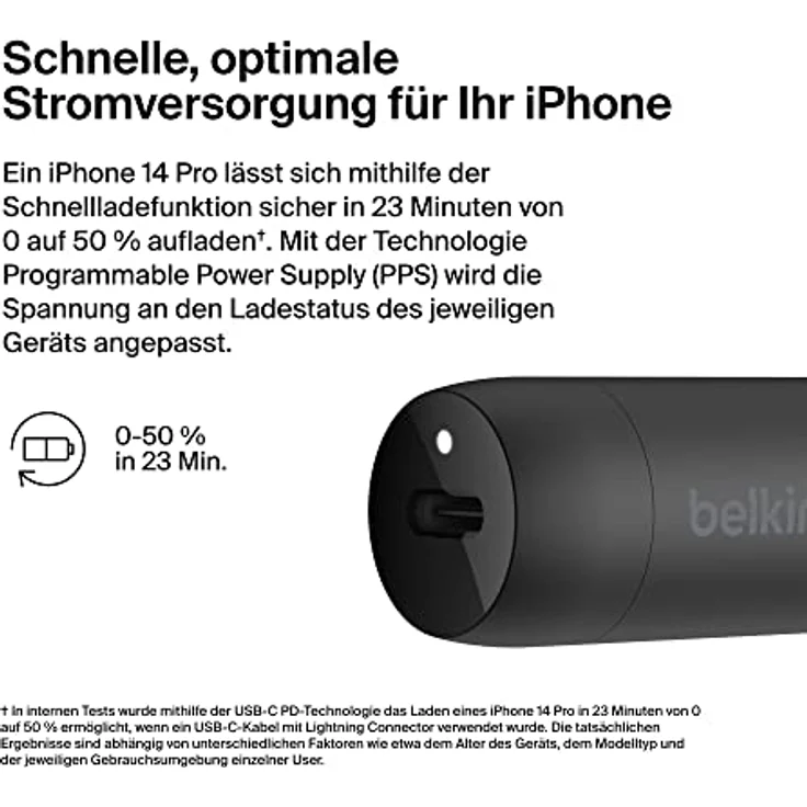 Belkin Boost↑Charge™ 30-W-Kfz-Schnellladegerät, kompaktes Modell mit USB-C-Power Delivery-Anschluss, inklusive USB-C/Lightning-Kabel, kompatibel mit der iPhone 14-Serie, iPad und mehr – Schwarz – Bild 2