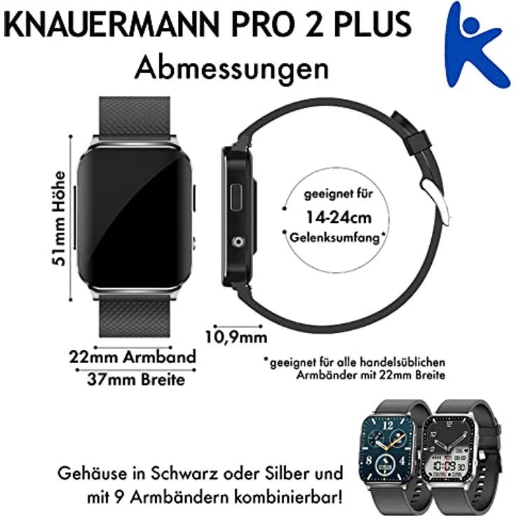Knauermann PRO 2 Plus, Smartwatch mit Lederarmband, EKG-Sensor, Blutsauerstoffmessung, Benachrichtigungen für Anrufe und Nachrichten – Bild 11