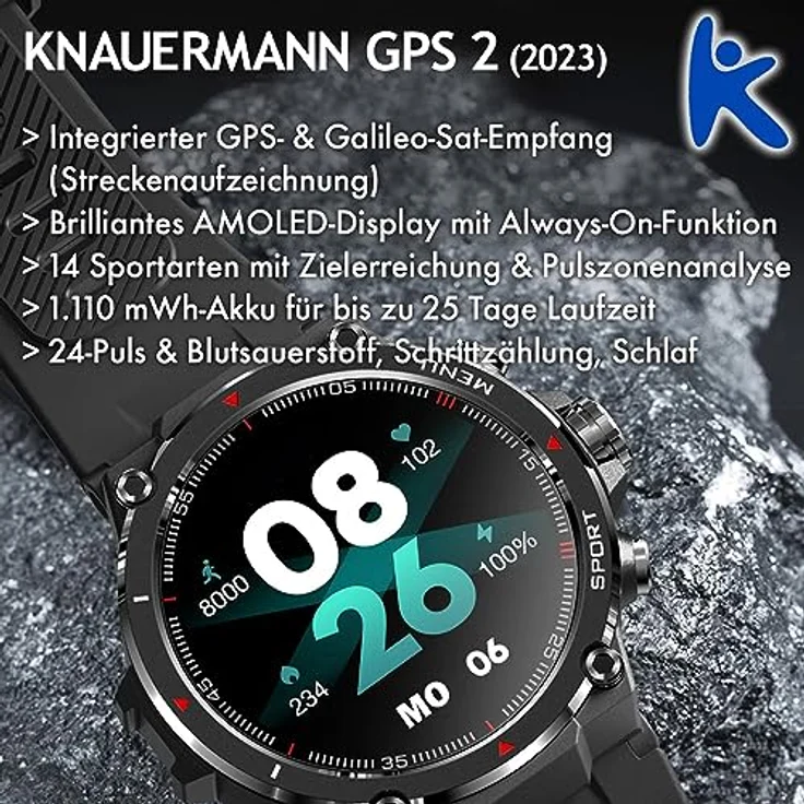 Knauermann GPS 2 (2023) Schwarz- Sportuhr Smartwatch - AMOLED-Display - Puls, Blutsauerstoff, GPS/Galileo-Empfang - BT Bluetooth - Silikonband Schwarz, 14-26 – Bild 2