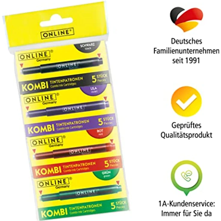 Online Bunte Kombi-Tintenpatronen (Universal-Patronen, kompatibel mit allen gängigen Füllern, auch Lamy-Füller, Ersatz-Patronen) 4er Pack rot, grün, schwarz, lila – Bild 6