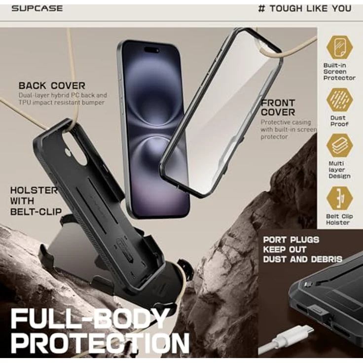 SupCase iPhone 16 Hülle 6.1” [Unicorn Beetle Pro] Outdoor Handyhülle 360 Grad Case Bumper Schutzhülle Cover mit Displayschutz, Ständer und Gürtelclip - Schwarz – Bild 5
