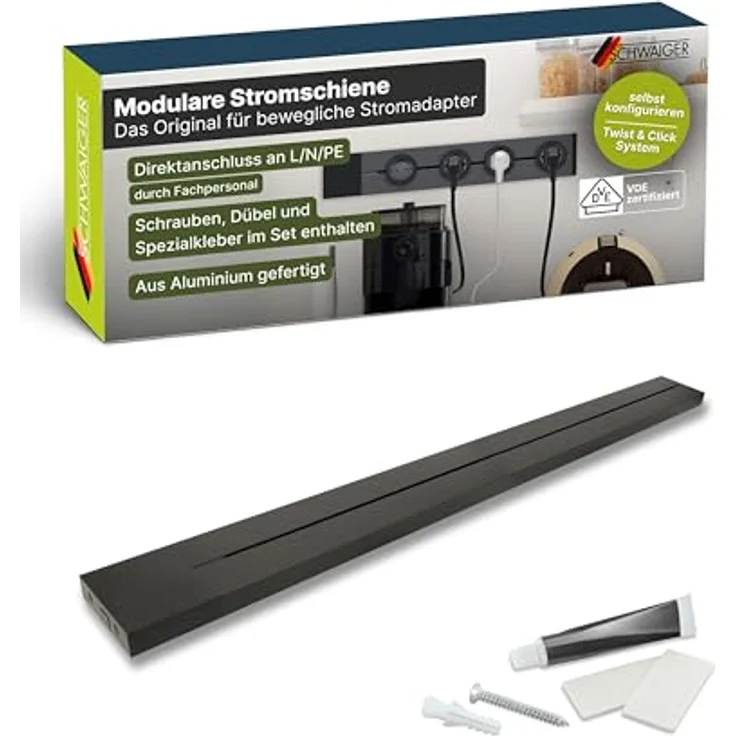 SCHWAIGER Konfigurierbare Steckdosenleiste 75 cm, Schwarz, modulare Stromschiene im Alu-Design, VDE geprüft für Küche, Büro & Werkstatt – Bild 1