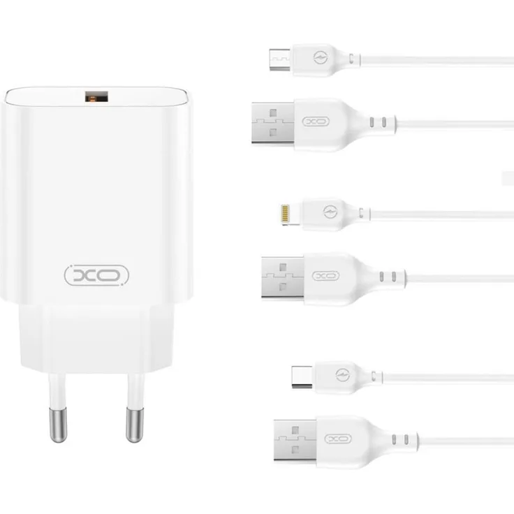 XO CE33 USB Wandladegerät 18W mit USB-A auf iPhone-Kabel, Weiß, schnelles Laden bis 18W, kompaktes Design, global einsetzbar