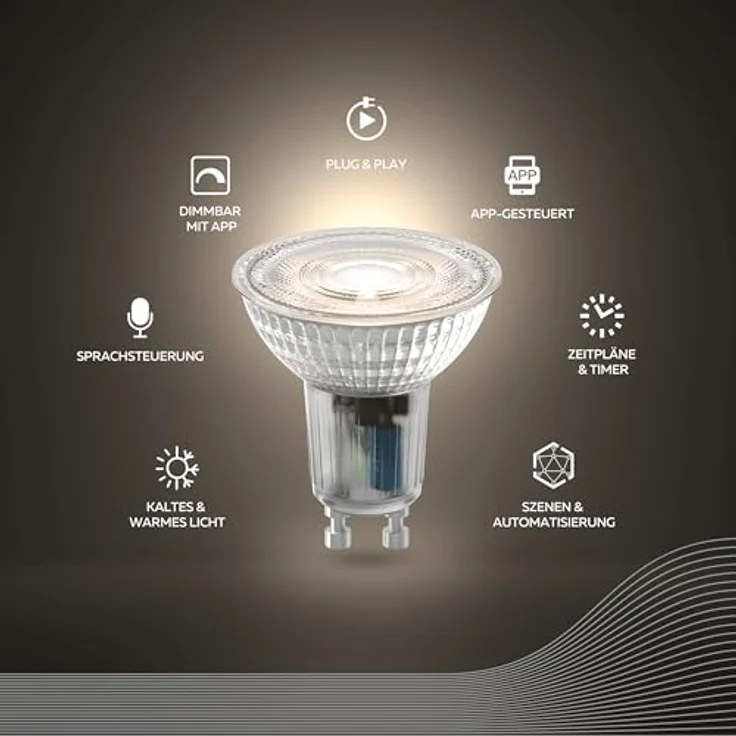 CALEX GU10 Smart LED Lampe, 10er Set, WLAN GU10 Alexa Lampe mit Sprachsteuerung (4.9W) Wifi LED Leuchtmittel GU10, LED Warmweiss dimmbar 2200K - 4000K, Smarte Warmweiß LED Leuchtmittel 10er Set – Bild 2