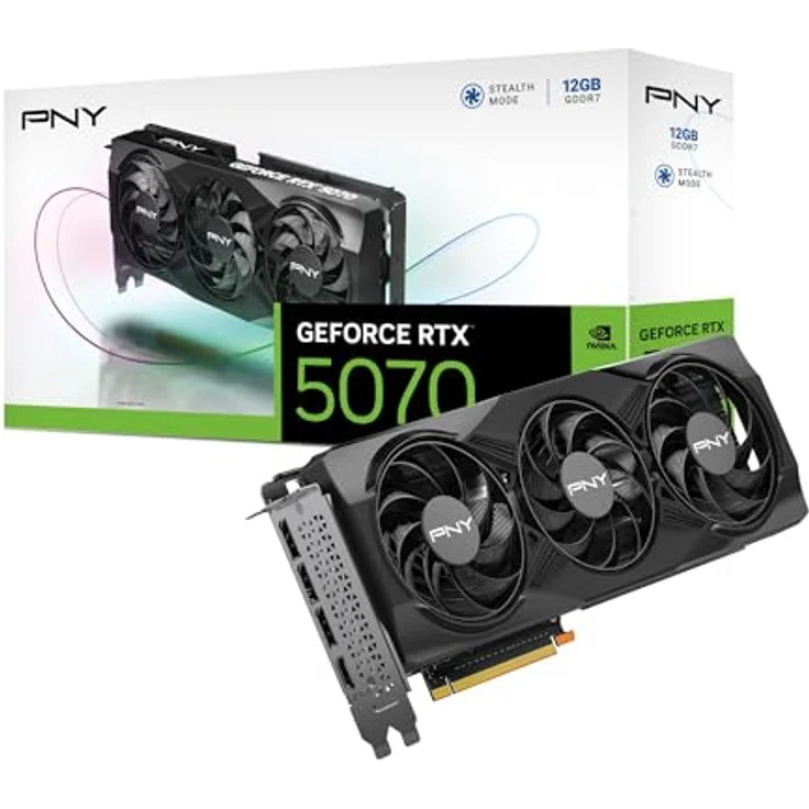 PNY GEFORCE RTX™ 5070 12GB Triple Fan Grafikkarte, DLSS 4, 6144 CUDA-Kerne, PCIe 5.0, Schwarz – Bild 1