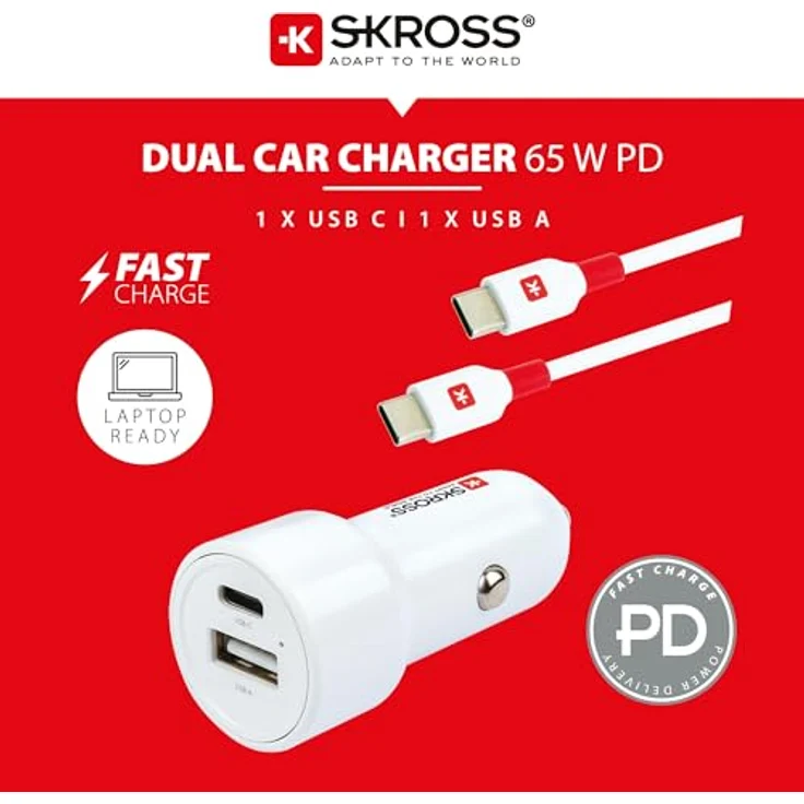 SKROSS Chargeur Allume Cigare Voiture - 2 Ports USB-A et USB-C - Charge Rapide 65W - Câble USB-C 160 cm Inclus – Bild 2