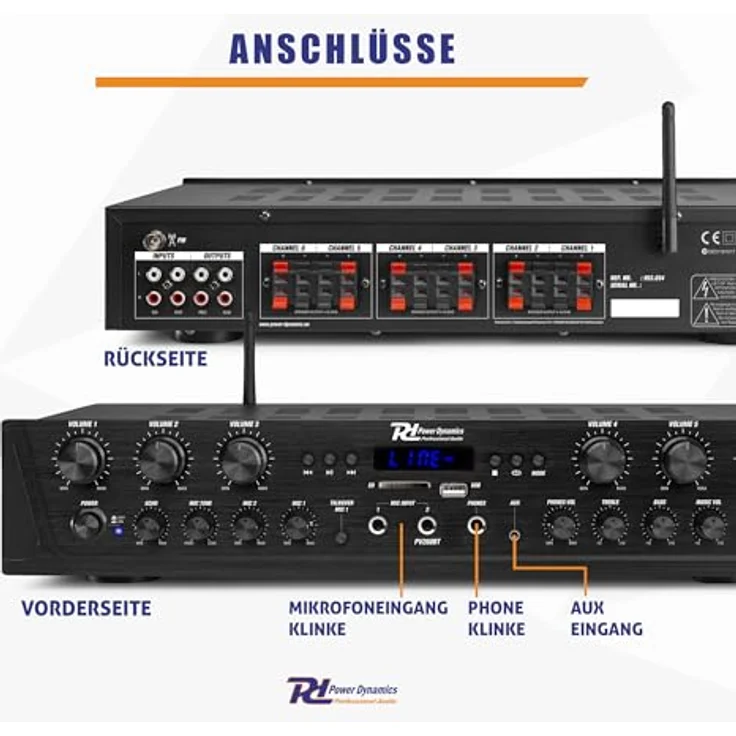 Power Dynamics PV260BT, 600W Stereo-Verstärker mit Bluetooth, USB, SD, FM-Radio – Schwarz – Bild 5