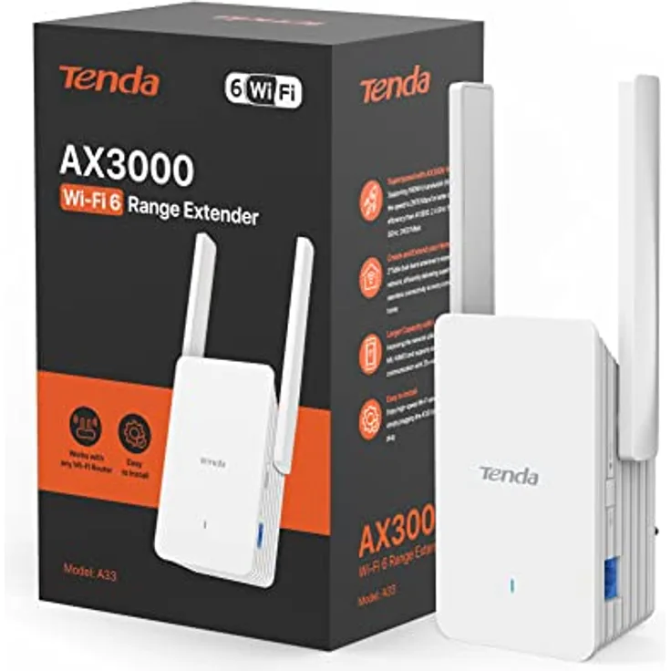Tenda A33 WiFi 6 Repeater WLAN Verstärker (AX3000 Dualband 5GHz:2402Mbps+2,4GHz:574Mbps), 2*5dBi Antennen, Gigabit-Port, AP-Modus, MU-MIMO, WPS, LED Anzeige, kompatibel mit allen WLAN Routern, Weiß