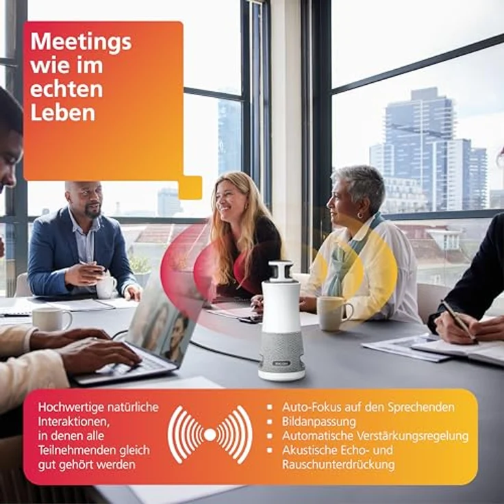 Ricoh 360 Meeting Hub, 3-in-1 Konferenzkamera/Mikrofon/Lautsprecher, 1920 x 1080, 360° Panoramasicht, 3,6 m/6 m Aufnahmebereich, HiFi-Audio, Plug-and-Play – Bild 5