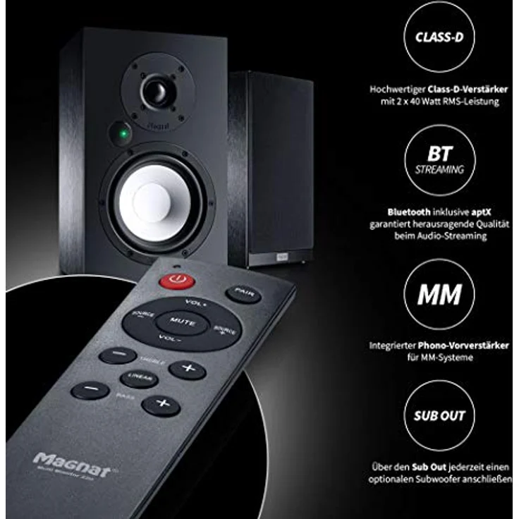 Magnat Multi Monitor 220 | Aktives Lautsprecherset mit aptX Bluetooth, Phono-Eingang und Fernbedienung | Komplettsystem für Vinyl- und Streaming-Nutzer, Schwarz – Bild 5