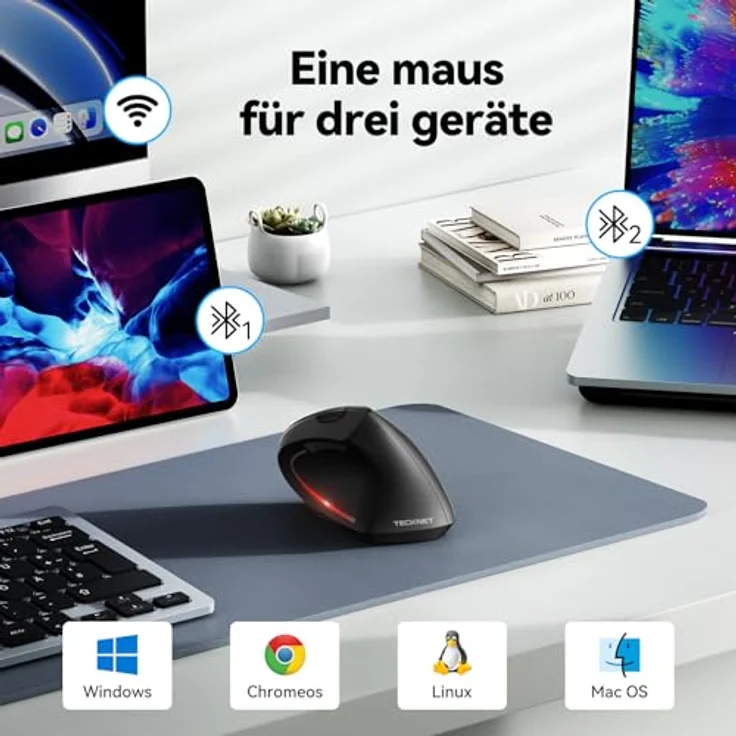 TECKNET Ergonomische Kabellose Maus, Vertikale Bluetooth-Maus (BT 5.0+BT 3.0+2.4G), 6 DPI-Einstellstufen bis 4800, Optisch Leise, für Laptop/PC/Mac/Tablet/iPad, 6 Tasten – Bild 3