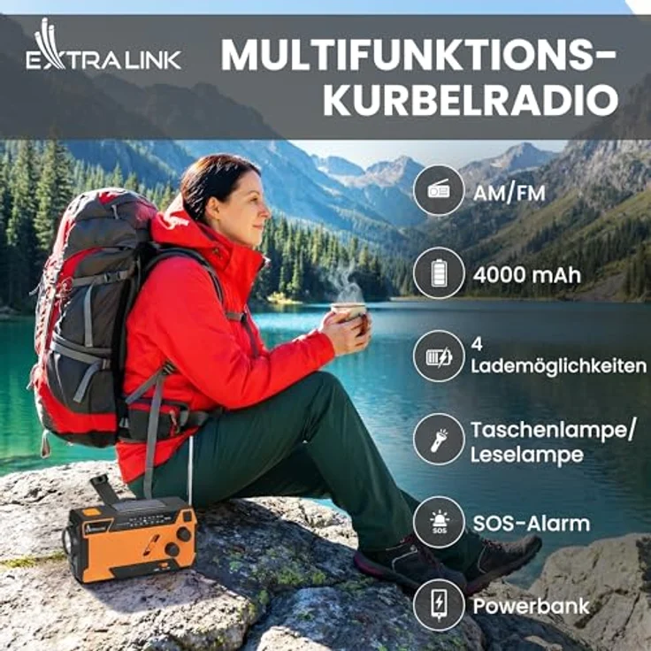 Extralink SR-4000 Notfallradio, Solar & Kurbel mit 4000mAh Powerbank und SOS-LED Taschenlampe, Schwarz – Bild 2