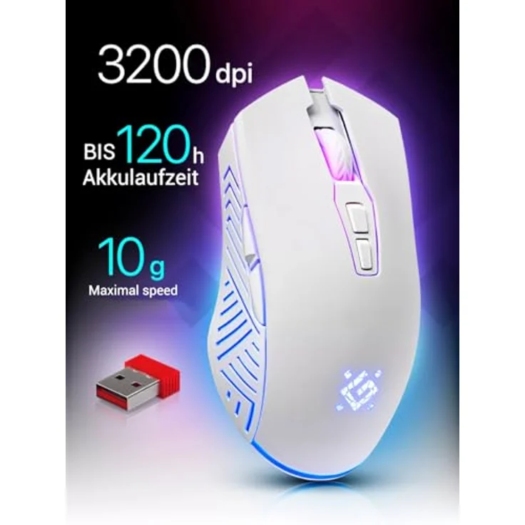 Defender® Pandora Kabellose Gaming Maus, Geräuschlose Klicks, 5 programmierbare Tasten, RGB-Beleuchtung, bis zu 120 Std. Akkulaufzeit, Wireless Gamer Maus für PC, Mac, Laptop, Weiß – Bild 2