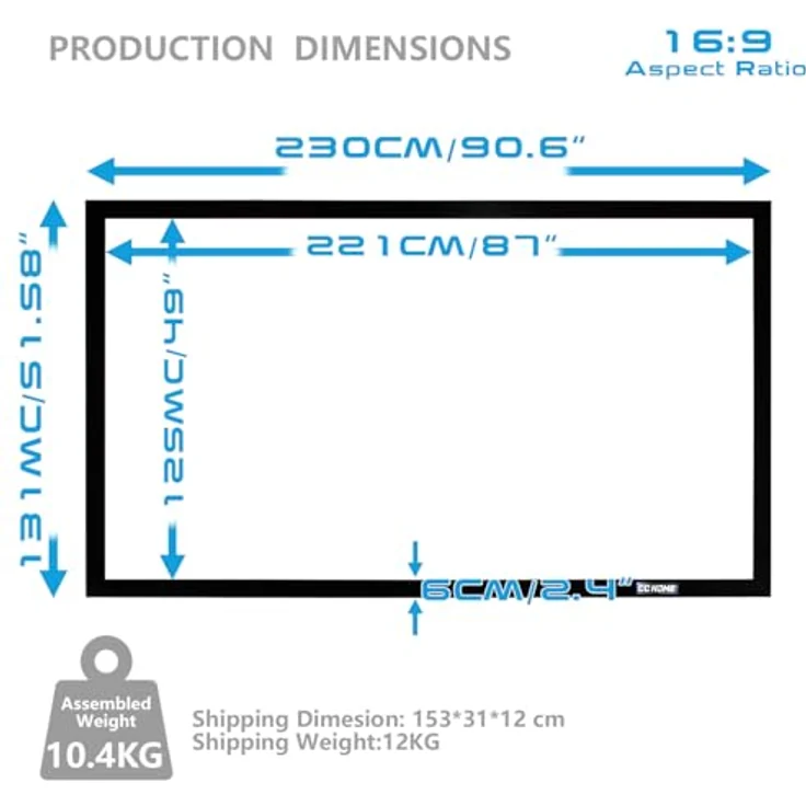 Rahmenleinwand Beamer Leinwand 16:9 100-120-150 Zoll Heimkino Beamerleinwand mit Rahmen Hochkontrast Leinwand - 221x125cm, 100 Zoll - 1A100wes – Bild 3