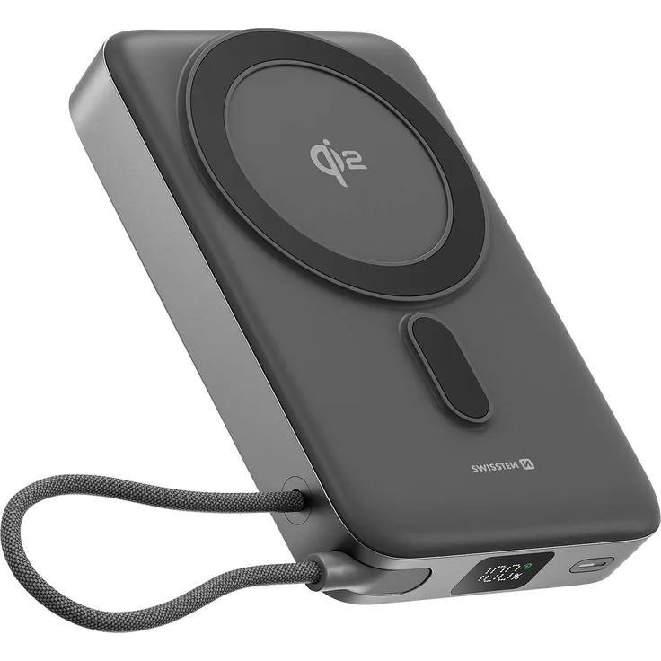 Swissten Qi2 Powerbank 10000 mAh, MagSafe USB-C 35 W mit Standfuß, Grau