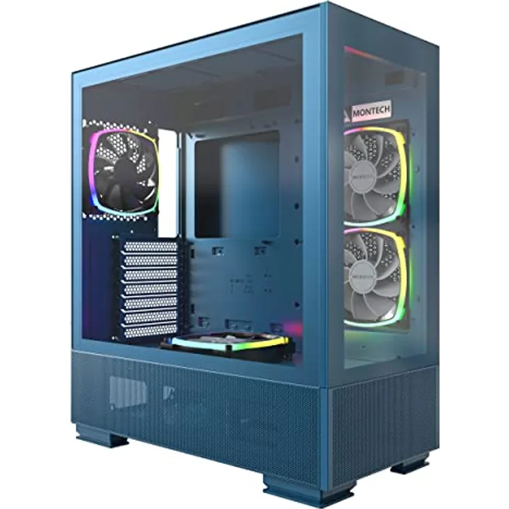 Montech Sky Two, Dual Tempered Glass, 4 x PWM ARGB Lüfter vorinstalliert, ATX Gaming Mid Tower Computergehäuse, Typ C, hohe Luftstromleistung - Marokkoblau