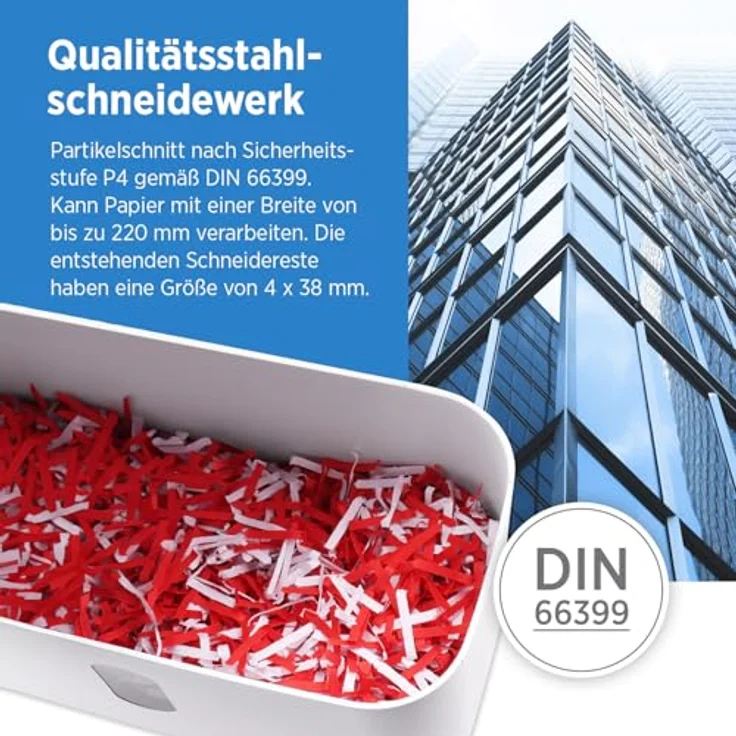 GENIE 440 X Aktenvernichter | Partikelschnitt 4x38 mm | Sicherheitsstufe P-4 | Leise 72 dB | Kompakt & Mobiler Shredder | Automatische Start-/Stopp-Funktion | Überhitzungsschutz | Farbe weiß blau – Bild 4