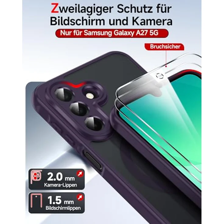 LeYi Magnetische Handyhülle für Samsung Galaxy A27 5G, Militärschutz, Mattes Durchscheinendes Case Cover, Violett, 2 Stück Schutzfolie – Bild 4