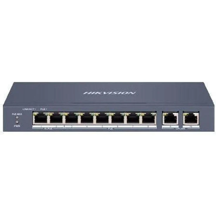 Hikvision DS-3E1310HP-EI Managed Switch PoE, 10 Ports mit 8x 100 Mbps PoE und 2x Gigabit-Anschlüssen, Grau